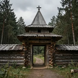 ancient portal enclosed palisaded, log, built in dark forest, slavic, russian, slovenian, tartarian architecture, gray skies, hyper - detailed, artstation, cgsociety, 8 k