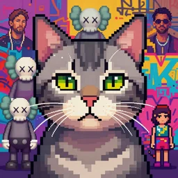 highly detailed portrait of a cat, cyberpunk, nft arts, pixelated art, colorful graffiti wall background, by joe fenton, by greg rutkowski, by greg tocchini, by kaws, by kate beaton, by kaethe butcher, 4 k resolution