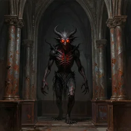a matte painting of the interior of a gothic church with demonic creature with glowing fire eyes standing in the center, digital painting, concept art, rusty metal walls, dark colors, muted colors, red colors, tense atmosphere, church cathedral, amazing value control, muted colors, moody colors, dramatic lighting, cinematic lighting, sharp focus, in the style of frank frazetta