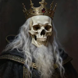 an elder lich with a magnificent robe and crown, close up, portrait, realistic skull, sinister atmospheric lighting. highly detailed painting by greg rutkowski.