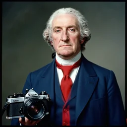 modern photograph of george washington as united states president, blue suit and a long red tie looking intensely at the camera, taken by steve mccurry, kodachrome 6 4 color slide film, with a nikon fm 2 camera and nikkor 1 0 5 mm ai - s f 2. 5 lens