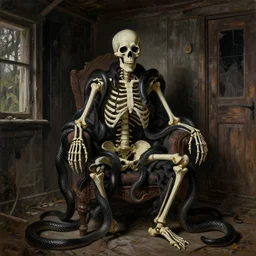 full - body portrait of a creepy realistic human skeleton wearing many black snakes and other reptiles as clothing sitting in an old abandoned wooden house, painting, dark surrealism, german romanticism style, ornate and elegant, hightly detailed