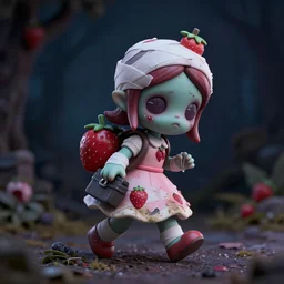 a very sad femo figurine of a cute funny undead strawberry fairy zombie with bandages wearing a dirty floral torn strawberry dress featured on dark souls by beksinski and gamesworkshop, carrying survival gear, wearing strawberry backpack, shambling aimlessly in the night, dark melancholic atmosphere, 🎀 🧟 🍓 🧚
