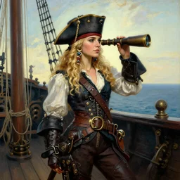 a fierce, beautiful, friendly, calm, blonde, well - dressed, steampunk, covered, armed, pirate captain, standing on the deck of her ship gazing at the horizon through a spyglass ready for battle in 1 7 3 0, masterful painting