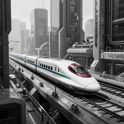 futuristic city center with 890J hypersonic maglev train, in background modern landscape architectural design for brutalist industrialpunk black and white concrete and glass, train with maroon, white and teal metallic accents, gorgeous lighting, cyberpunk, 2077, dramatic lighting and composition, 8k, concept art, artstation, trending on artstation, slightly isometric, single line, central focus, minimalistic composition, side profile, Tokyo, JR sc Maglev, TGV, Eurostar