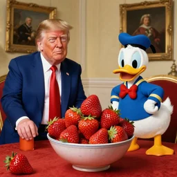 donald trump and donald duck are sitting in front of a bowl of stawberries, drawing by rembrandt