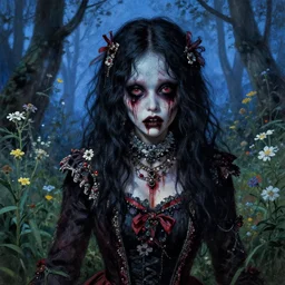 a pretty but sinister and creepy monster in layers of fear, with haunted eyes, wearing punk clothing, violence in her eyes, 1 9 7 0 s, seventies, delicate embellishments, a little blood, woodland, blue dawn light shining on wildflowers, painterly, offset printing technique, by alexandre cabanel