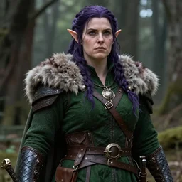yennefer as a medieval fantasy wood elf, dark purplish hair tucked behind ears, wearing a green tunic with a fur lined collar and brown leather armor, wide, muscular build, scar across nose, one black, scaled arm, cinematic, character art, digital art, forest background, realistic. 4 k