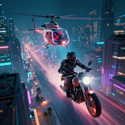 an android hief on a motorcycle making a getaway from a helicopter in a glowing neon cyberpunk city at night by Karl Thiart, unreal engine, cinematic atmosphere, establishing shot, viewed from above
