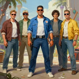 a mixed media portrait painting of crocket and tubbs, miami vice, by frank frazetta, greg rutkowski, beeple, yoko taro, christian macnevin, beeple, wlop and krenz cushart, epic fantasy character art, volumetric indoor lighting, midday, high fantasy, cgsociety, cheerful colours, full length, exquisite detail, post - processing, masterpiece, cinematic