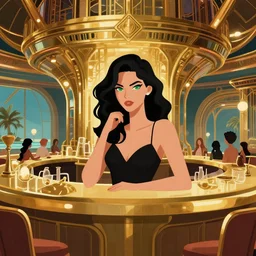 a seductive green eyed woman with wavy black hair in the bar on the atlantis paradise, a retro futuristic spaceship made of brass, art deco influence, hotel style design. clean cel shaded vector art. shutterstock. behance hd by lois van baarle, artgerm, helen huang, by makoto shinkai and ilya kuvshinov, rossdraws, illustration