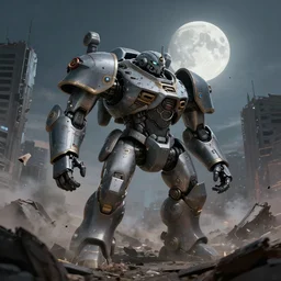 a very big grey giant mechanical weapons battle armor mechwarrior in the middle of war - torn battlefield of a crumbling city, dim sky, very big moon, some smoke, artstation, concept art, smooth, sharp focus, vivid grunge, illustration, superior quality, very detailed, 8 k, cinematic lighting, octane render,, wide angle, by bilibin and kuvshino