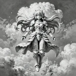 By Tom Bagshaw, ultra realist soft painting of an fine steampunk anime porcelain miniature fully armored figurine long hair floating, curiosities carnival, symmetry accurate features, very intricate details, masterpiece sky, black and white, volumetric light clouds