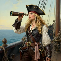 a fierce, beautiful, friendly, calm, blonde, well - dressed, steampunk, covered, armed, pirate captain, standing on the deck of her ship gazing at the horizon through a spyglass ready for battle in 1 7 3 0, award - winning painting