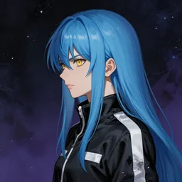 profile shot of rimuru tempest, sky blue straight hair, long bangs, gold eyes, wearing a black jacket with white stripes, high collar, ultra detailed, wild brush strokes, digital painting, cinematic, wlop, galactic background, pixiv, color block, eerie, scary, yoshitaka amano, ilya kuvshinov, andy warhol