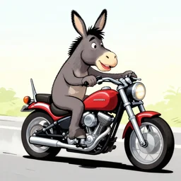 a cartoon donkey character riding a chopper motorcycle, in the style of rat fink character from ed roth