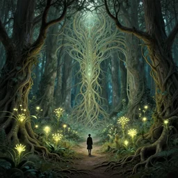 forest, intricate, elegant, magical, powerful, art nouveau, baroque style, roots, branches, environment art, film still, enchanted forest, glowing plants, trails, art by art by artgerm and greg rutkowski and ruan jia and peter polach