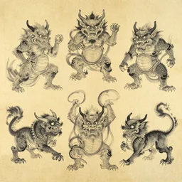 mythical monsterss, traditional chinese ink painting, yellowing paper.