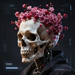 cyberpunk skull merged with thousand cherries on the head moebius futuristic hi-tech details loading screen dark colors