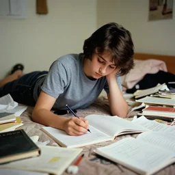 a teenager doing her homework in a messy bedroom circa 1 9 9 5