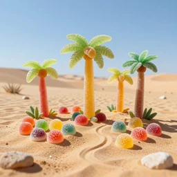 desert oasis made of gummy candy, 8 5 mm bright - light photography,, trending on art station