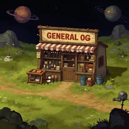 in front of a [ [ [ [ general store ] ] ] ] in a remote outpost, on an alien planet, from a space themed point and click 2 d graphic adventure game, set design inspired slightly by hg giger and tomb raider, art inspired by thomas kinkade and greg rutkowski