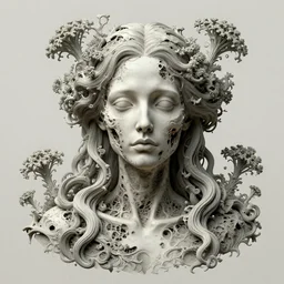 a beautiful detailed front view baroque portrait of a rotten woman corpse with fractal plants and fractal flowers and mushrooms growing around, intricate, symmetrical, ornate, ornamentation, bones, illustration, in the style of art nouveau