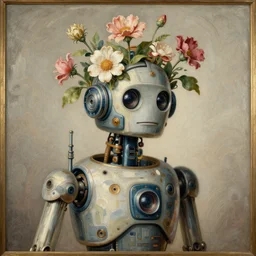 Louis Icart, an old elaborate painting of a robot with flowers coming out its head, highly detailed, masterpiece