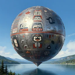 a giant ((((metallic)))) floating sphere covered in canadian aboriginal patterns!! hovering above a Yukon lake, (painted by Ralph McQuarrie), matte painting, very detailed, concept art