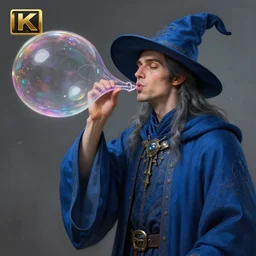 an anthropomorphic beautiful male wizard blowing giant bubbles wearing blue robe, fine art, award winning, intricate, elegant, sharp focus, octane render, hyperrealistic, wizard hat cinematic lighting, highly detailed, digital painting, 8 k concept art, art by jamie hewlett and z. w. gu, masterpiece, trending on artstation, 8 k