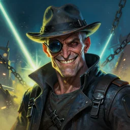 an intimate portrait of a gnarly human cyberpunk captain, old skin, faded hat, charming, strong leader, monocle, a look of cunning, big smile, detailed matte fantasy painting, the night war rages behind him, lasers, chains, sparks, yellow and blue and cyan