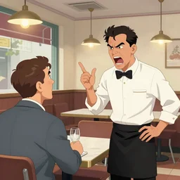 a grumpy busser in a restaurant yells at the owner, art by dean macadam
