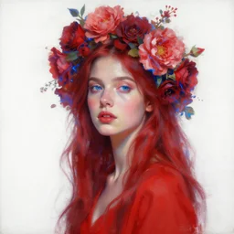 a red oil painting hyperrealism of a beautiful woman on a white background, flowers, floral headdress, 8 k resolution, octane render, trending on artstation, by gediminas pranckevicius, volumetric light 2 blue fractal thunder glow by dan mumford, anaglyph effect, laurie lipton