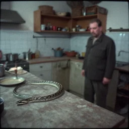 a big snake and a man in a stalinist style kitchen, by mini dv camera, very very low quality, heavy grain, very blurry, accidental flash, webcam footage, found footage, security cam, caught on trail cam