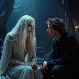a dramatic photograph of neil gaiman having a conversation with dream form the sandman graphic novel in a fantasy world, dramatic lighting, filmic, cinematographic, sci - fi