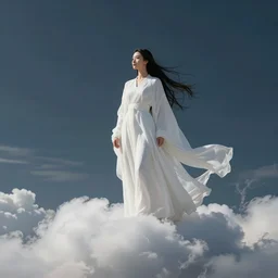 a woman standing atop a cloud, dressed in white robes, fantasy artwork