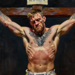 conor mcgregor crucified, oil on canvas, digital art, religious, chest tattoo