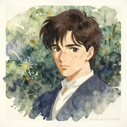 vintage 7 0 s anime watercolor, a portrait of a man enshrouded in an impressionist watercolor representation of mother nature and the meaning of life by william holman hunt, art by quinglu shanshui and mati klarwein, thick impressionist watercolor brush strokes, portrait painting by daniel garber, by wlop, by james jean, vintage postcard illustration, minimalist simple pen and watercolor