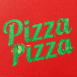 a red paper with a stylized green text font saying pizza