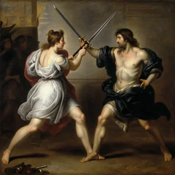 oil painting of a sword fight between judith and holofernes by artemesia gentileschi