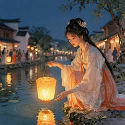 grand festival, a beautiful girl is putting on a river lantern, chinese watercolor style, trending on artstation, global illumination, radiant light, night lighting, art by wlop and greg rutkowski,, detailed and intricate environment, 8 k
