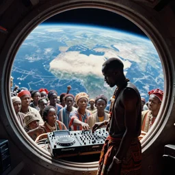 analogue photo of an African tribal man DJ with his crowd on a spaceship, planet earth seen from space through porthole window, wide angle,