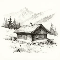 an ink sketch of an alpine cottage