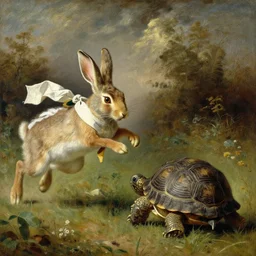 the hare racing the tortoise from aesop's fable, detailed painting, epic lighting, by ilya repin, phil hale and kent williams