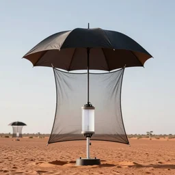 inverted umbrella shape, electrostatic atmospheric water condenser and collector, nikoa tesla antenna array technology, hills hoist, mesh sailcloth in the australian desert, windtrap, natural light, high quality photograph, shallow depth of field, simple composition, highly detailed, symmetrical,