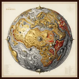highly detailed labeled atlas map poster of a synthetic planet, heraldic, detailed, paper drawing, fractal structure, golden, silver and crimson ink, factories and nature, intricate details