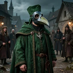 A fancy portrait of a green medieval plague doctor wearing a beak mask in a medieval village by Greg Rutkowski, Sung Choi, Mitchell Mohrhauser, Maciej Kuciara, Johnson Ting, Maxim Verehin, Bloodborne, 8k photorealistic, cinematic lighting, HD, high details, dramatic, dark atmosphere, trending on artstation