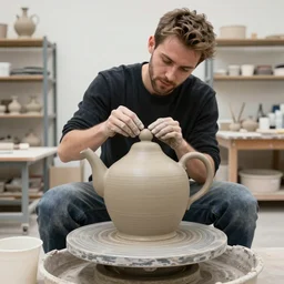 johnny vegas sitting making a very large clay teapot, art school, studio, wet clay, ceramics, photorealistic