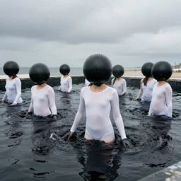 realistic photo of a group of common girls in white tights, spherical black helmets, in a big pool filled with black mercury oil water, the sky is grey 2 0 0 0, life magazine photo,