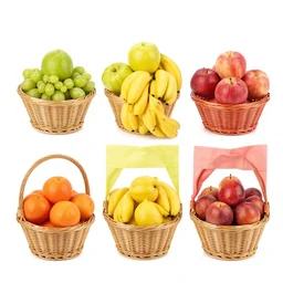 three separate baskets of fruit, sorted by color